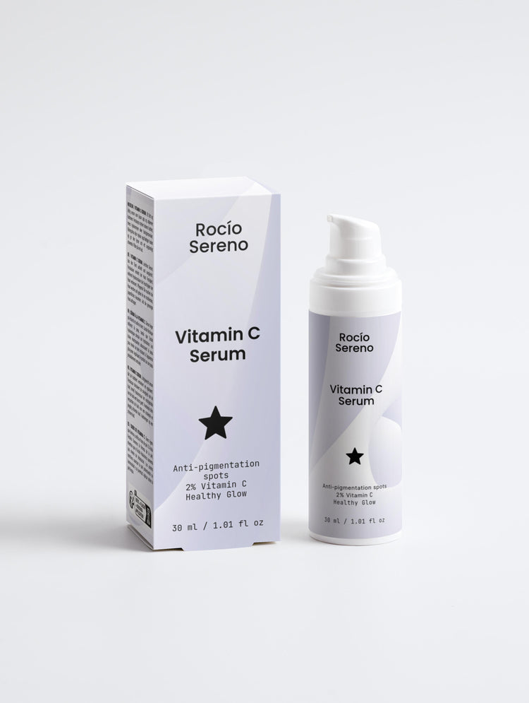 Vitamin C Serum bottle showing 2% natural Vitamin C, Ferulic Acid, and Sea-Buckthorn for radiant, youthful skin protection and hydration.