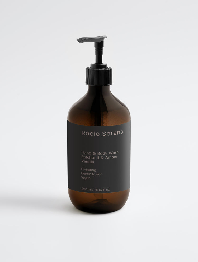 Hand & Body Wash Patchouli & Amber Vanilla in elegant bottle – Rocio Sereno skincare