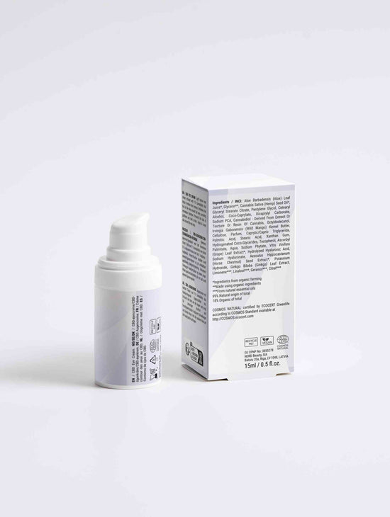 Calming Eye Cream with 1% Cannabidiol for puffiness, dry skin, and tired eyes – vegan and natural formula.