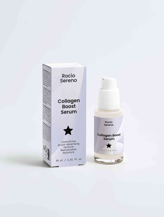 Close-up of Collagen Boost Serum bottle – hydrates, smooths, and plumps skin for a youthful glow.