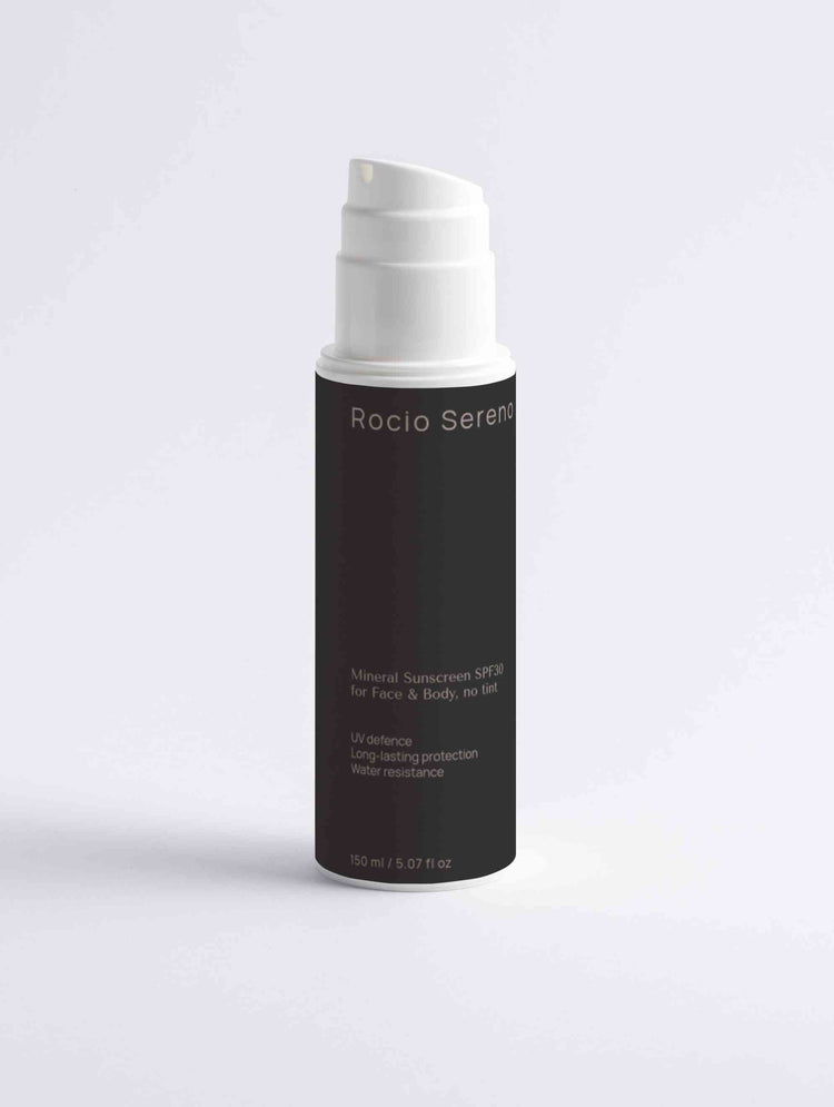 Vegan mineral sunscreen SPF30 for face and body – lightweight hydrating sun protection by Rocio Sereno.