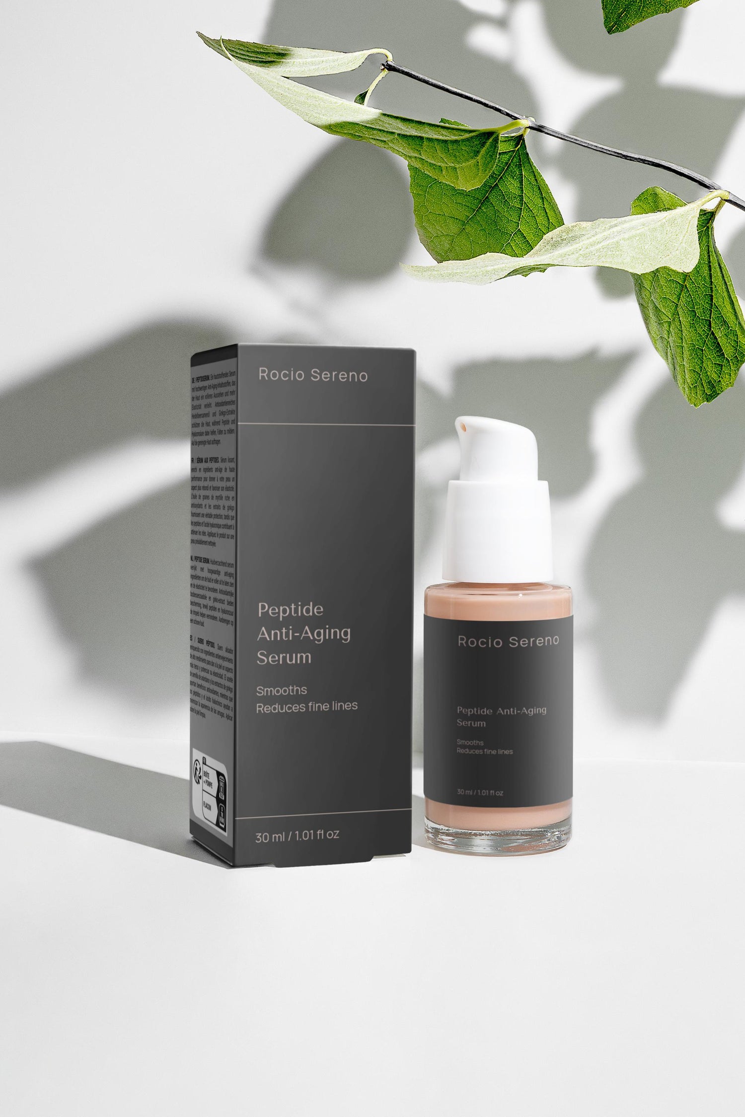 Peptide Anti-Aging Serum packaging and product – Rocio Sereno rejuvenating skincare