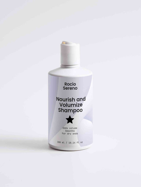Nourish and Volumize Shampoo bottle with natural ingredients and white packaging for dry ends and volume hair care