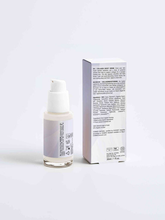 Close-up of Collagen Boost Serum bottle – hydrates, smooths, and plumps skin for a youthful glow.
