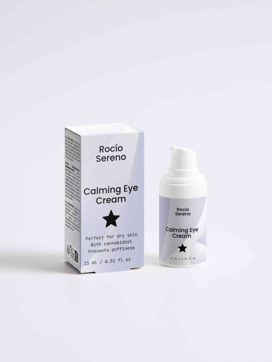 Calming Eye Cream with 1% Cannabidiol for puffiness, dry skin, and tired eyes – vegan and natural formula.