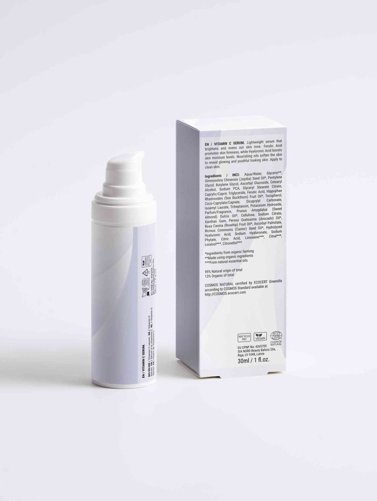 Vitamin C Serum bottle showing 2% natural Vitamin C, Ferulic Acid, and Sea-Buckthorn for radiant, youthful skin protection and hydration.